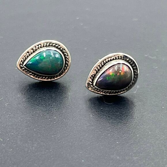 Vintage Sterling Silver Natural Dark Opal Stud Earrings Rope Border 13mm Pair - Picture 11 of 12